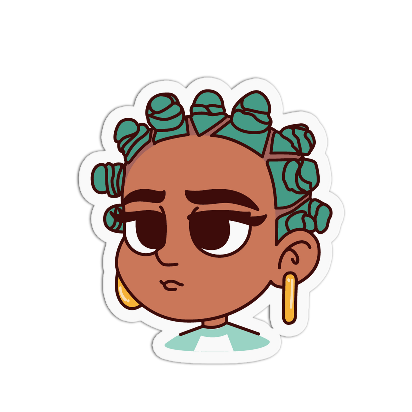 A cartoon-style die-cut sticker featuring a person with brown skin, large dark eyes, and teal rolled-up hair, wearing gold hoop earrings and a light teal top, shown on a plain white background.