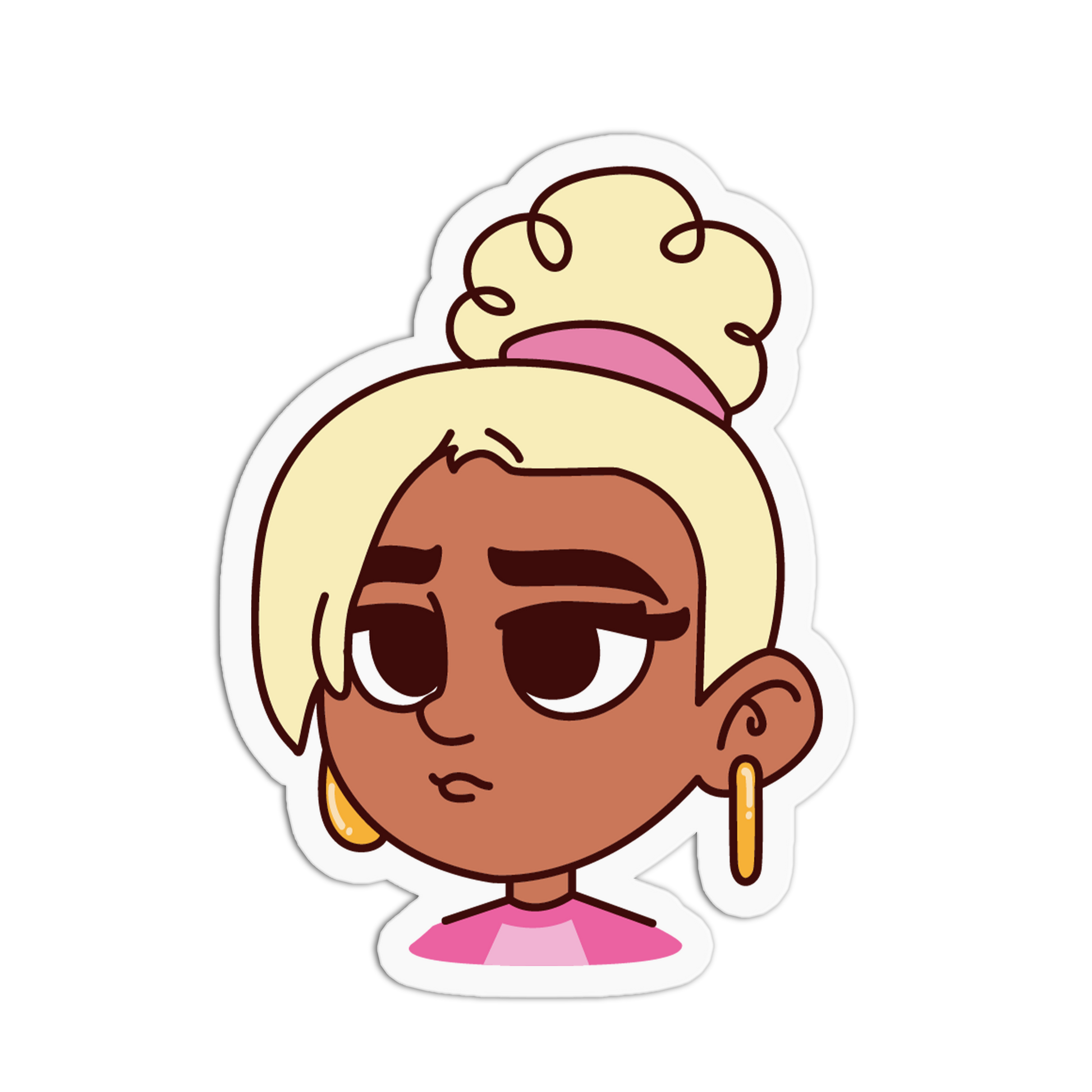 A cartoon-style die-cut sticker featuring a female character with blonde hair in a messy bun, brown skin, and gold hoop earrings, shown on a plain white background.