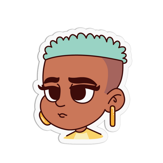 A cartoon-style die-cut sticker featuring a character with brown skin, a mint green spiky hairstyle, gold hoop earrings, and a small yellow top, shown on a plain white background.