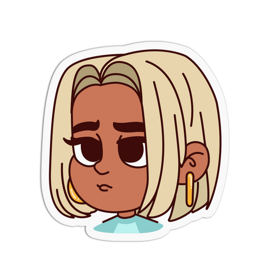 A die-cut cartoon sticker featuring a stylized character with blonde hair, brown skin, and gold hoop earrings, shown on a plain white background.