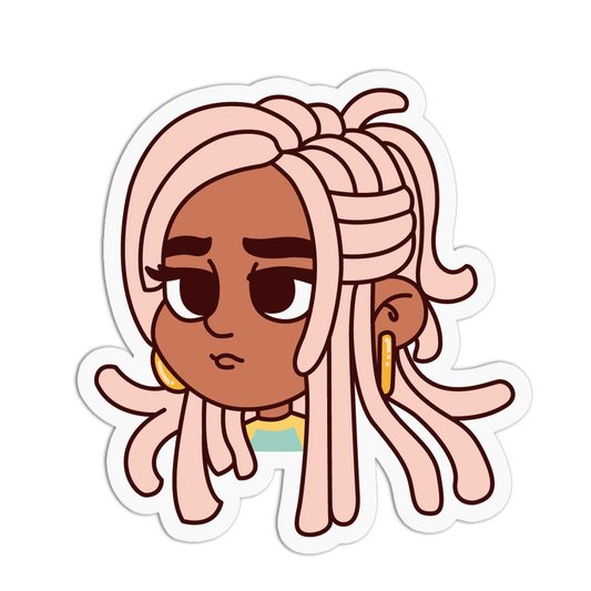 A cartoon-style die-cut sticker featuring a chibi character with light pink braided hair, brown skin, and gold hoop earrings, shown on a plain white background.