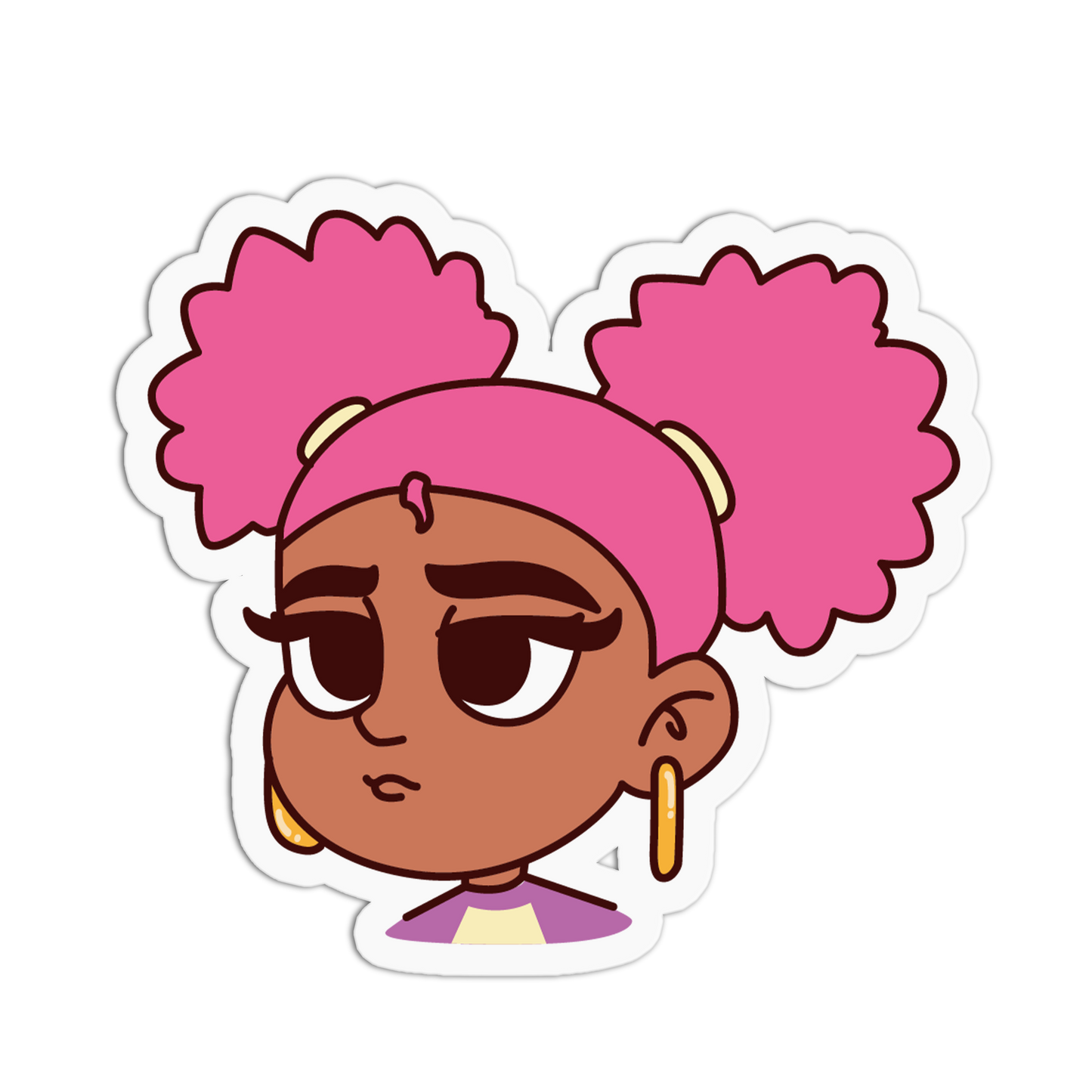 A cartoon-style die-cut sticker featuring a character with brown skin, large dark eyes, pink hair in two buns, and gold hoop earrings on a plain white background.