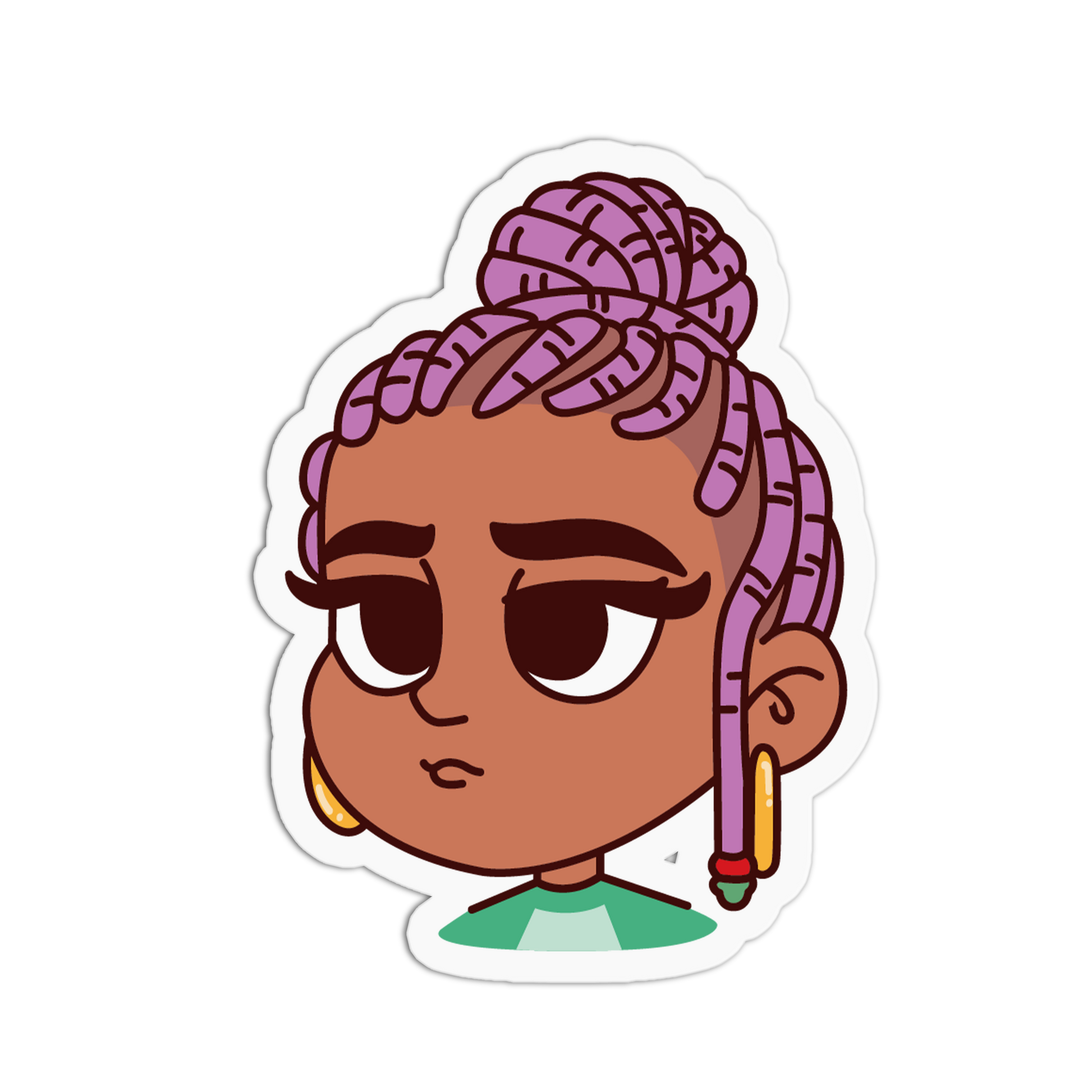 A cartoon-style die-cut sticker featuring a character with brown skin, purple braided hair in a bun, and a green top, shown on a plain white background.