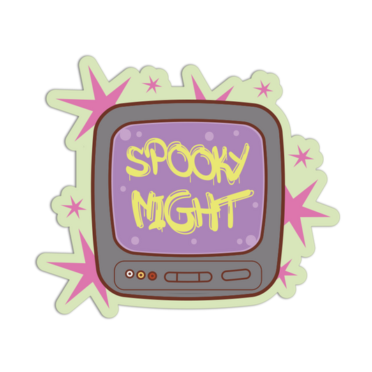 A die-cut sticker featuring a retro television set with the words 'SPOOKY NIGHT' in yellow dripping text on a purple screen, surrounded by pink stars on a pale green background.