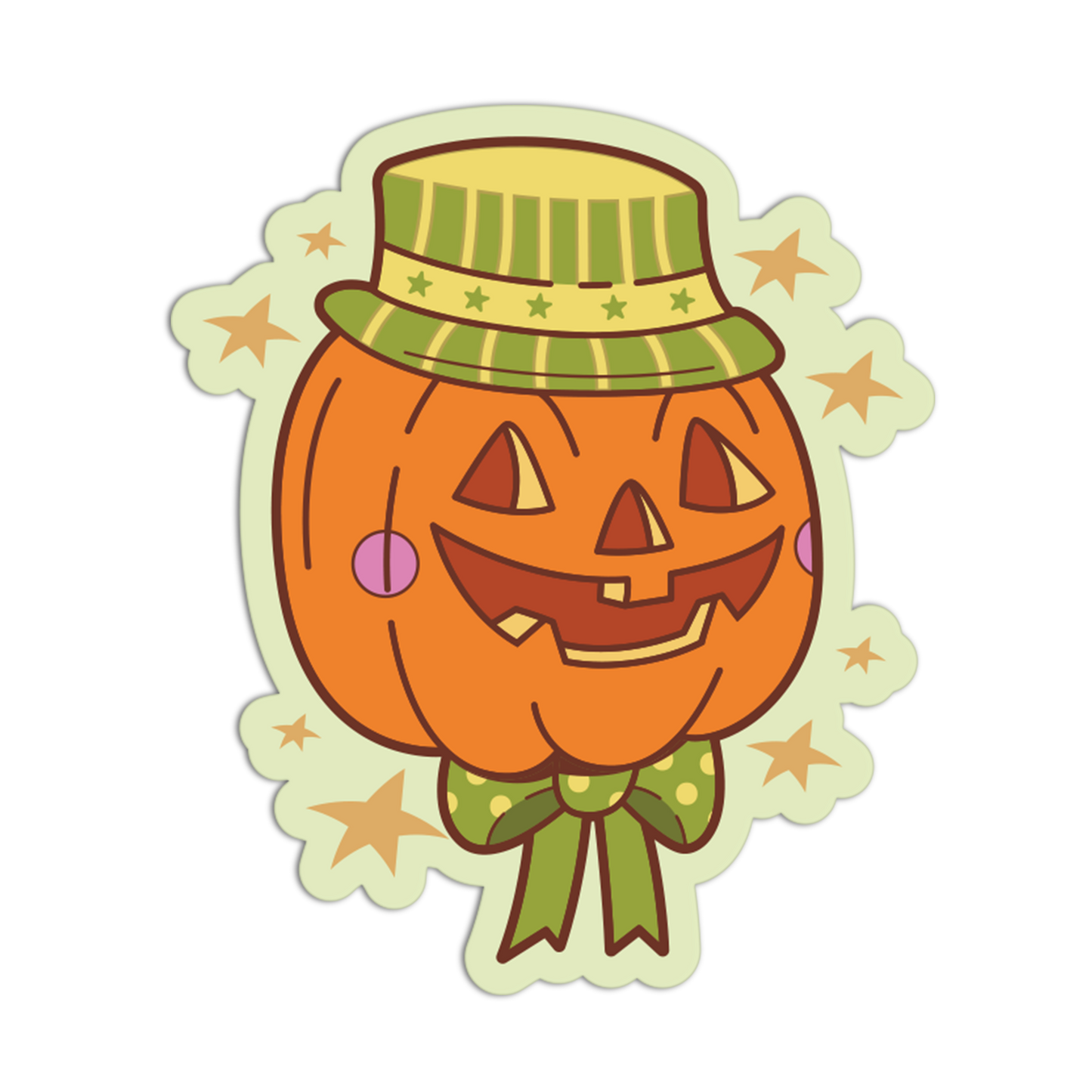 A cute cartoon pumpkin sticker or decal featuring a smiling jack-o'-lantern wearing a green striped hat and bow, centered on a white background with a light beige cloud outline and small star accents.
