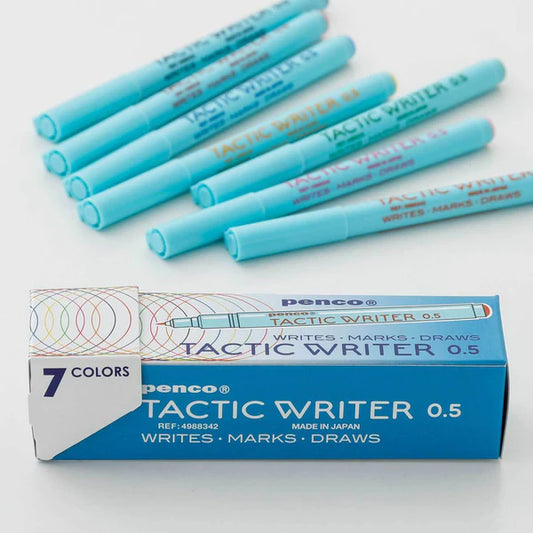 Set of blue markers with a box labeled 'Tactic Writer' on a white background