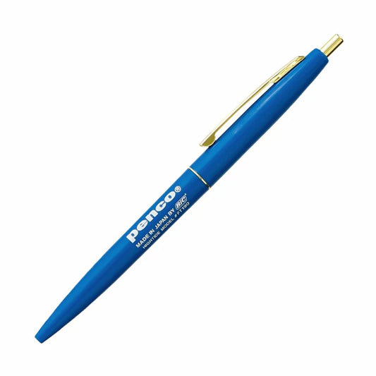 Blue pen with gold clip on a white background