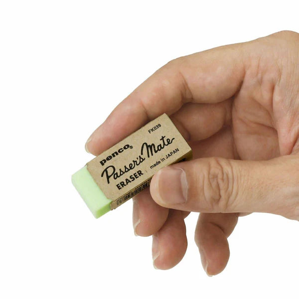Hand holding a Passers Mate eraser with a white background