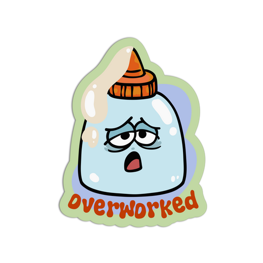 Cartoon bottle with a sad face and 'overworked' text on a white background