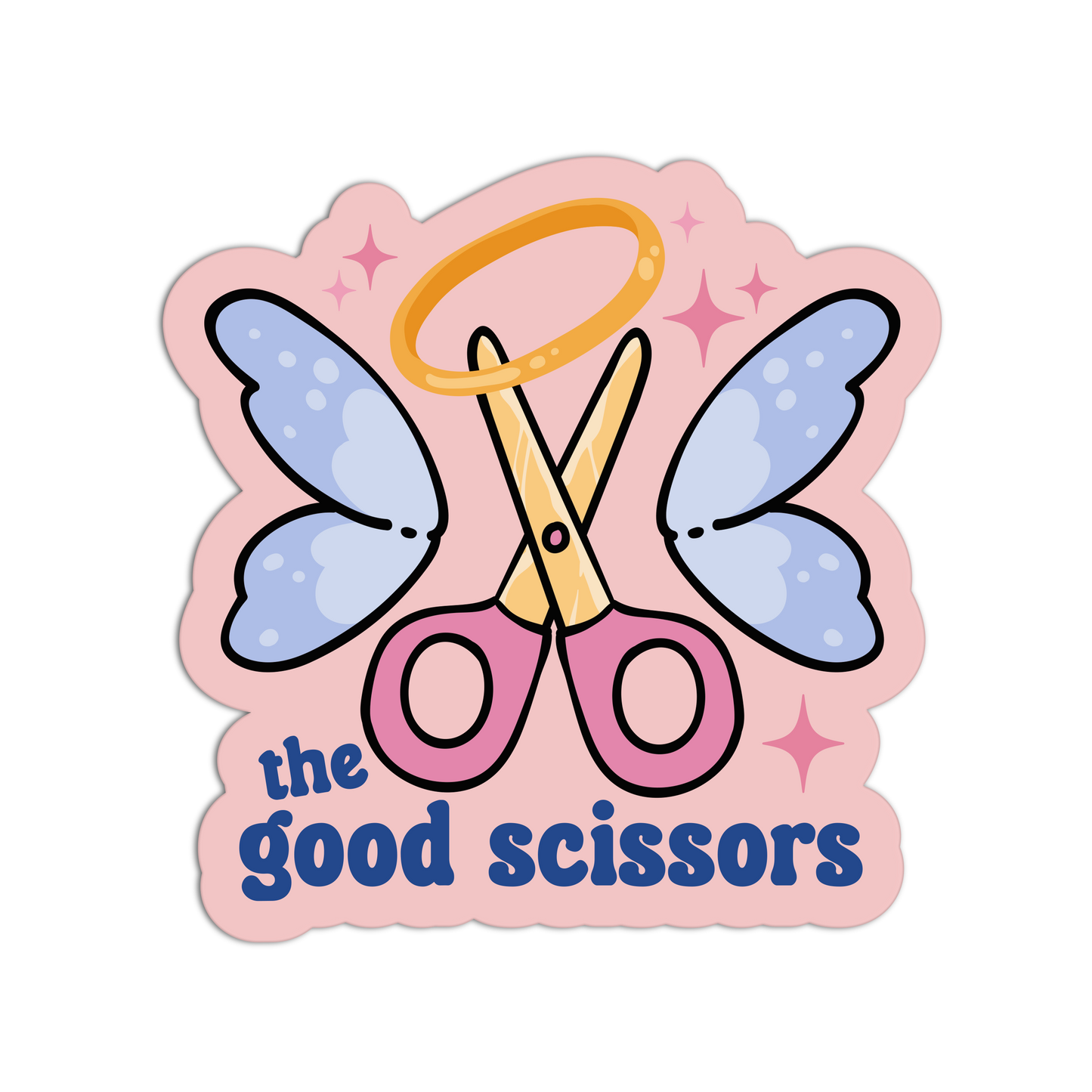 Sticker design of scissors with butterfly wings and 'the good scissors' text on a pink background