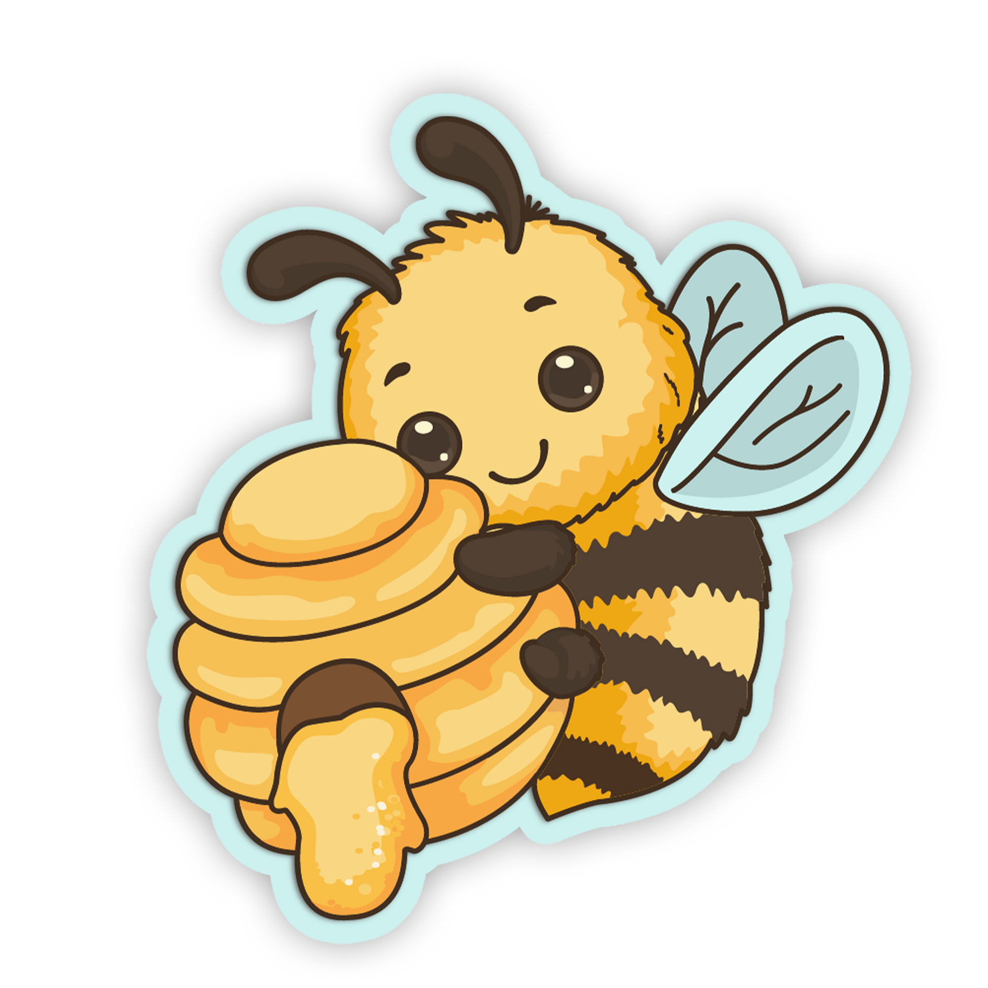Cartoon bee holding a honeycomb on a white background