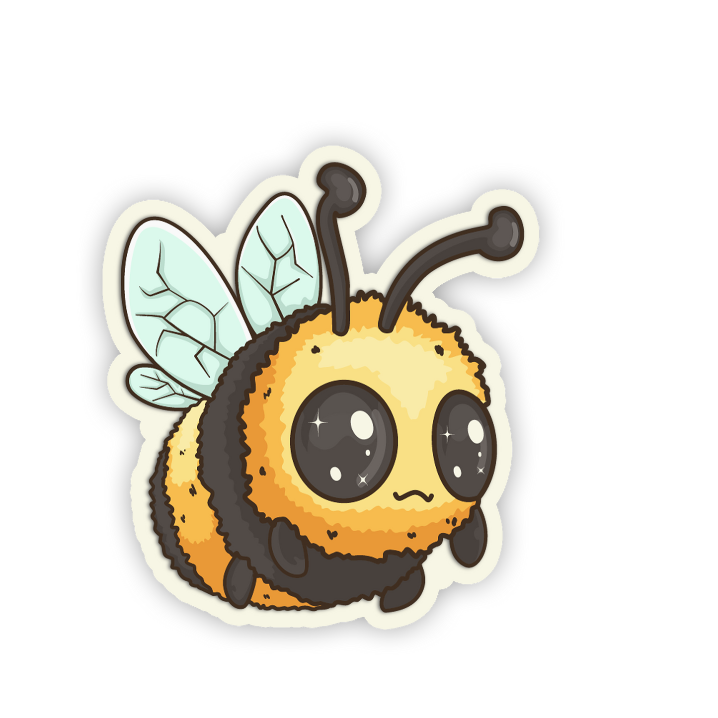 Cartoon bee sticker with a white border on a light gray background