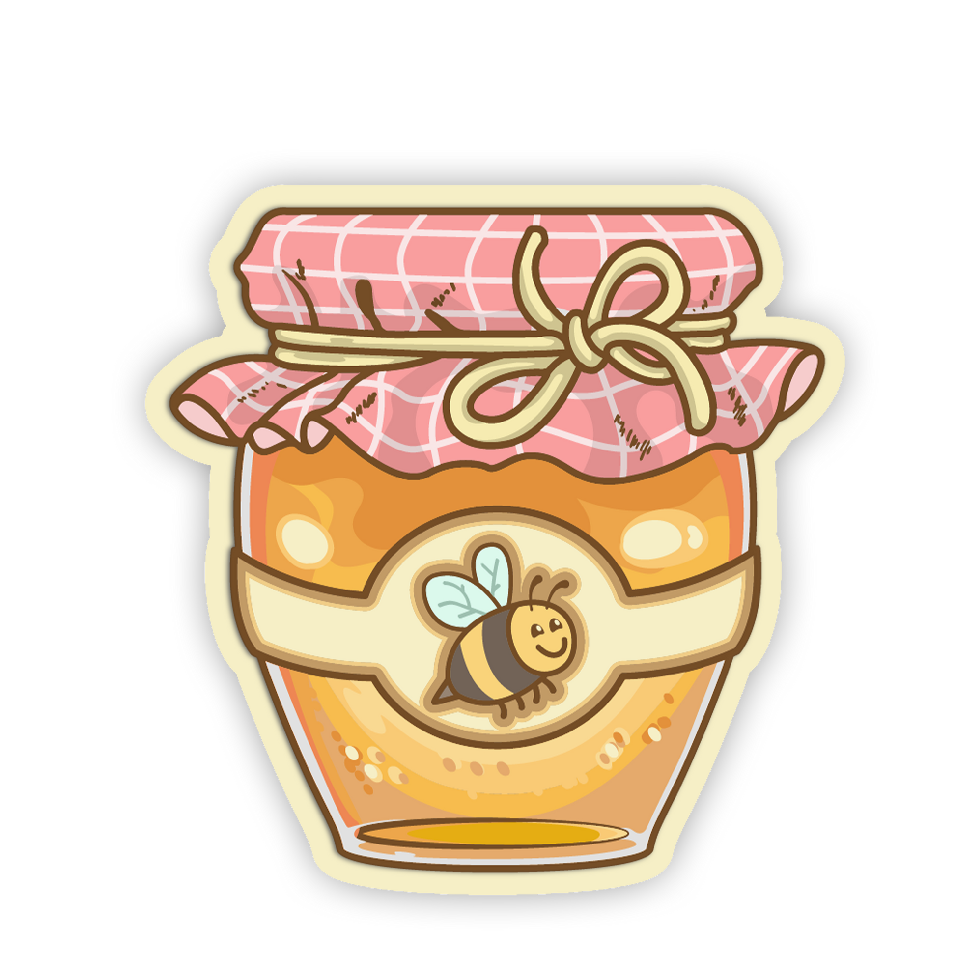 Sticker of a jar of honey with a plaid lid and bee emblem on a white background