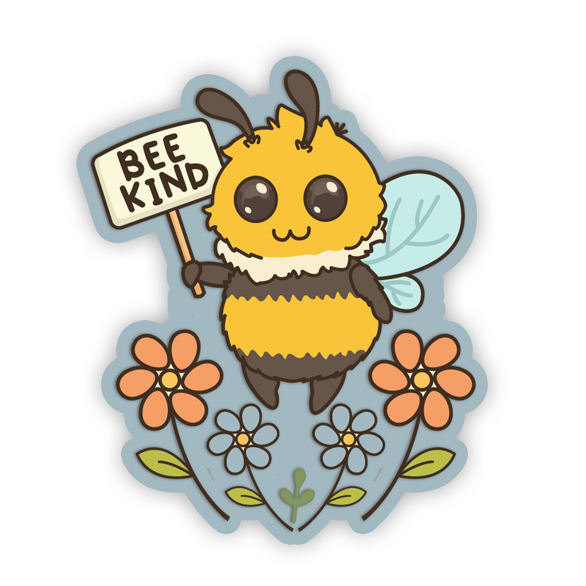 Sticker of a cartoon bee holding a 'Bee Kind' sign with flowers on a white background