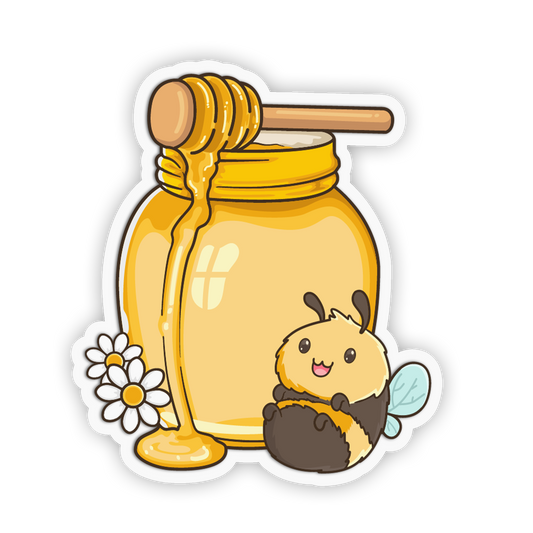 Cartoon bee next to a honey jar with a honey dipper on a white background