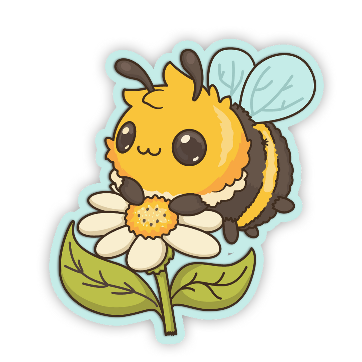 Cartoon bee holding a flower on a white background