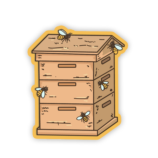 Sticker of a wooden beehive with bees on a white background