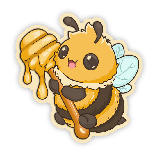 Cartoon bee holding a honeycomb on a white background