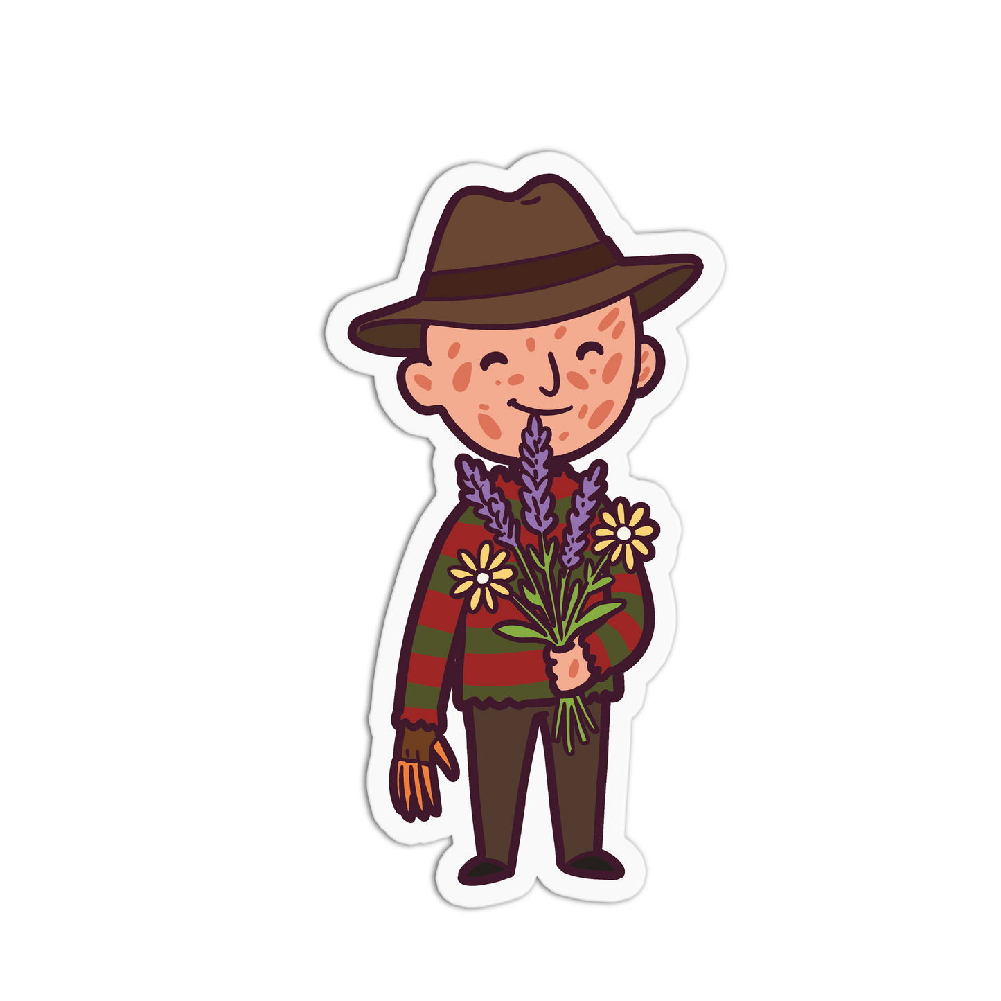 Illustration of a person wearing a hat and holding flowers on a white background