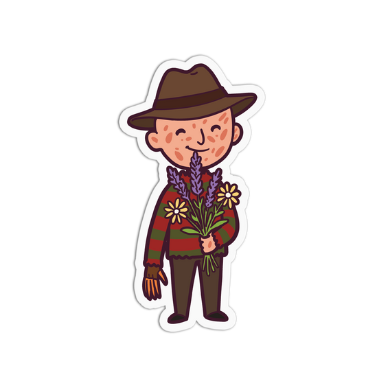 Illustration of a person wearing a hat and holding flowers on a white background