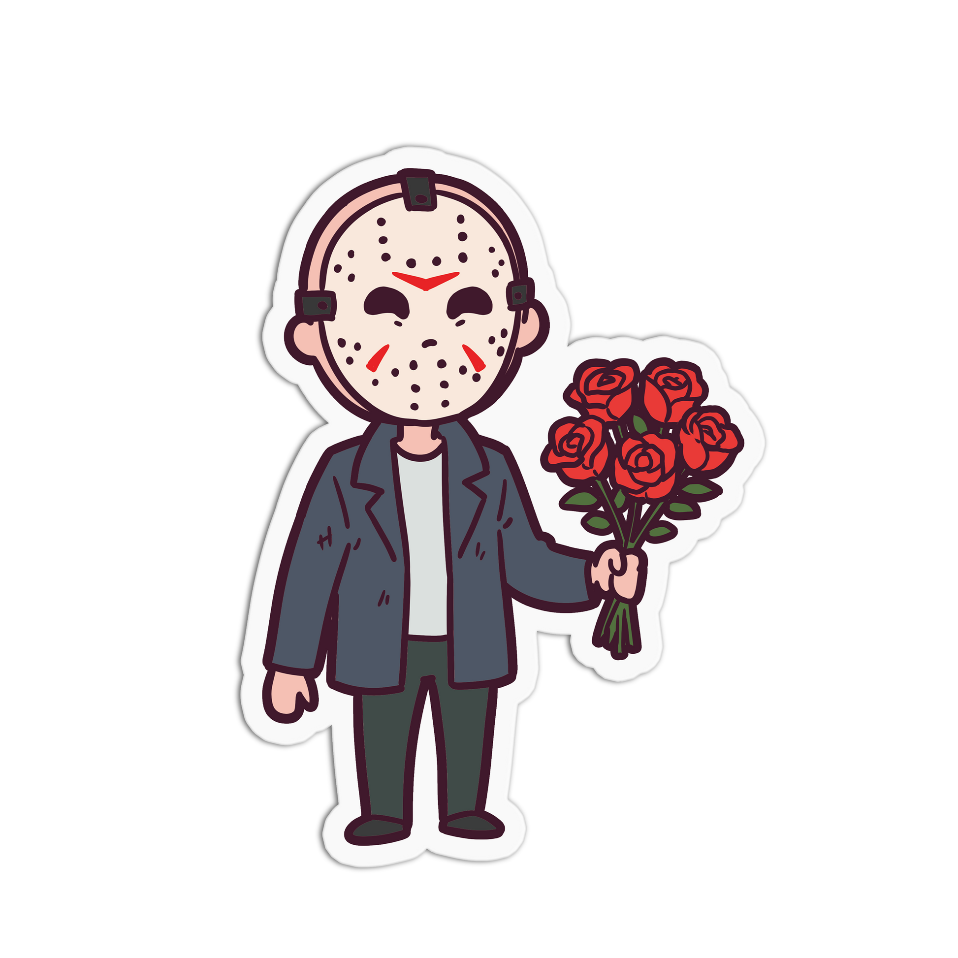 Cartoon character in a mask holding a bouquet of roses on a white background