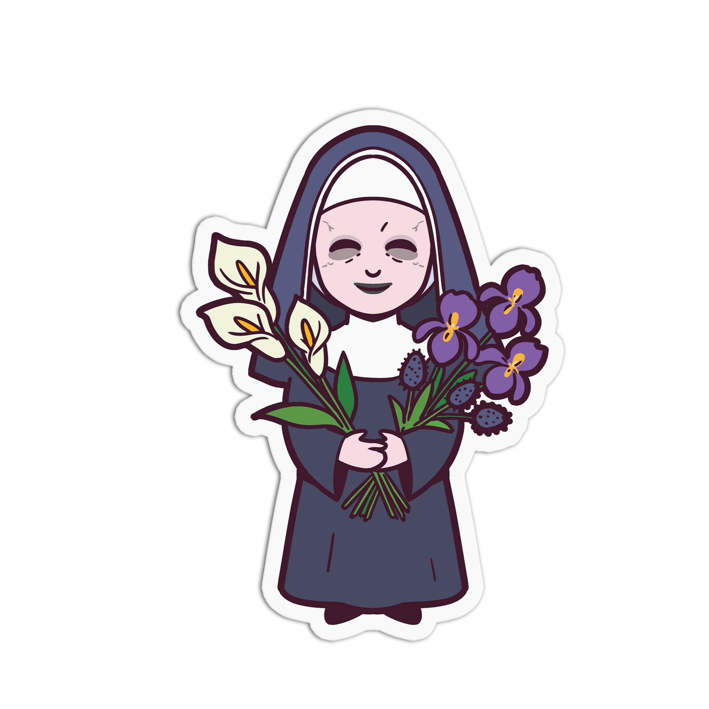 Illustration of a nun holding flowers on a white background