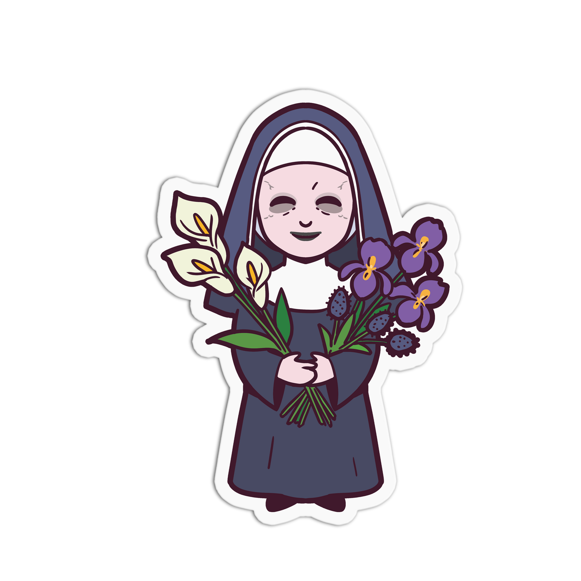 Illustration of a nun holding flowers on a white background