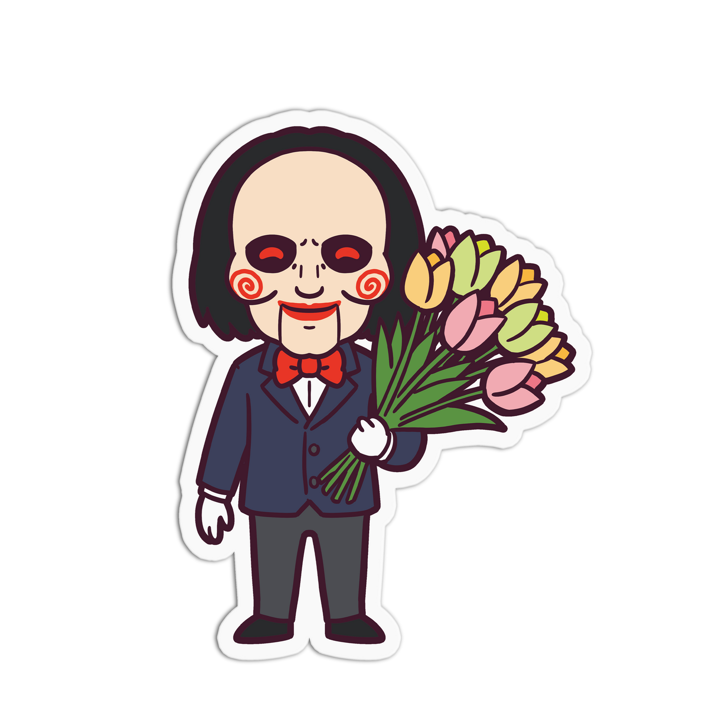 Cartoon character holding a bouquet of flowers on a white background