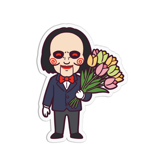 Cartoon character holding a bouquet of flowers on a white background