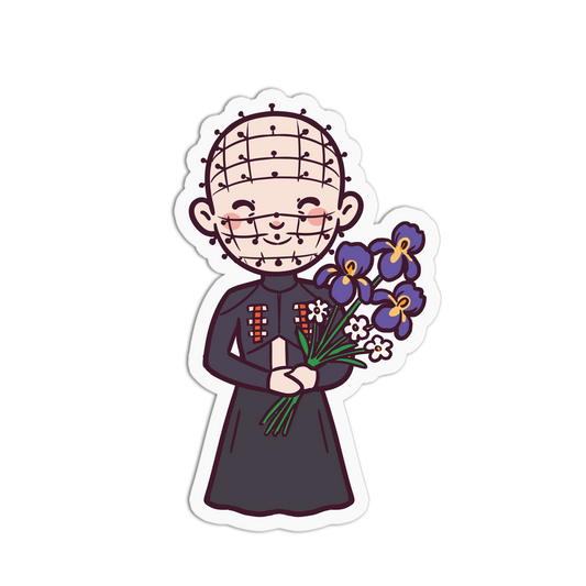 Cartoon character with a grid on head holding flowers on a white background