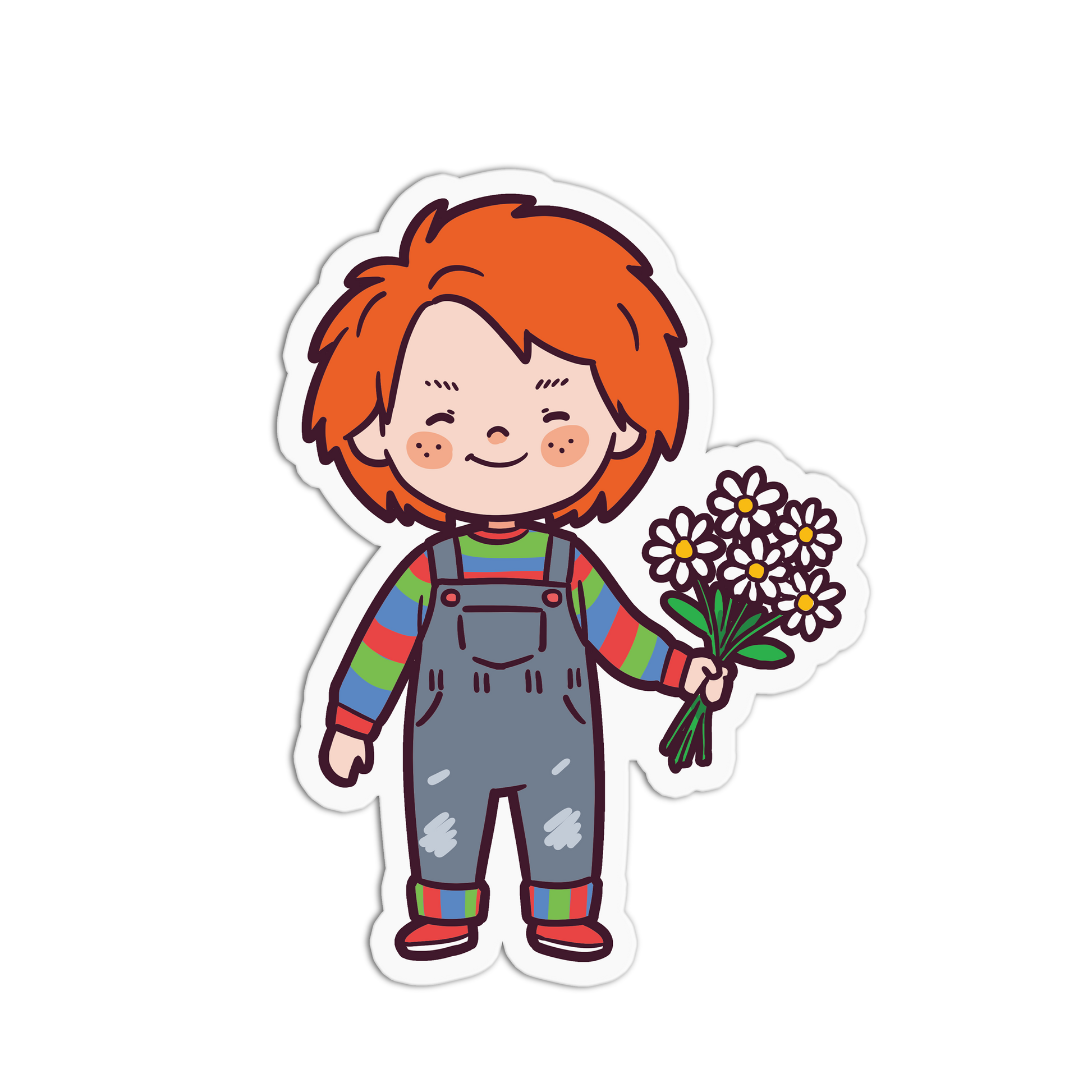 Cartoon character with red hair and colorful outfit holding flowers on a white background