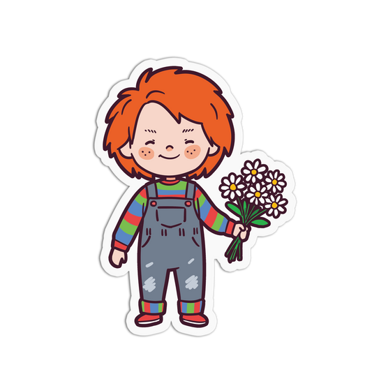 Cartoon character with red hair and colorful outfit holding flowers on a white background