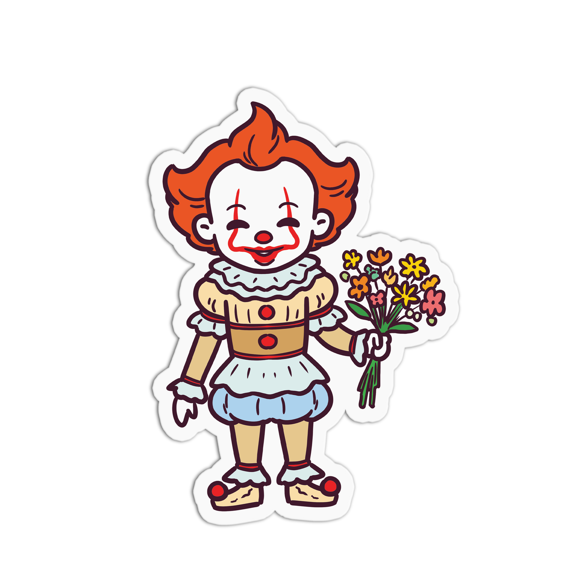 Sticker of a clown character holding flowers on a white background