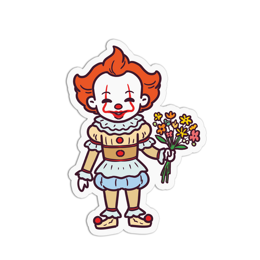 Sticker of a clown character holding flowers on a white background