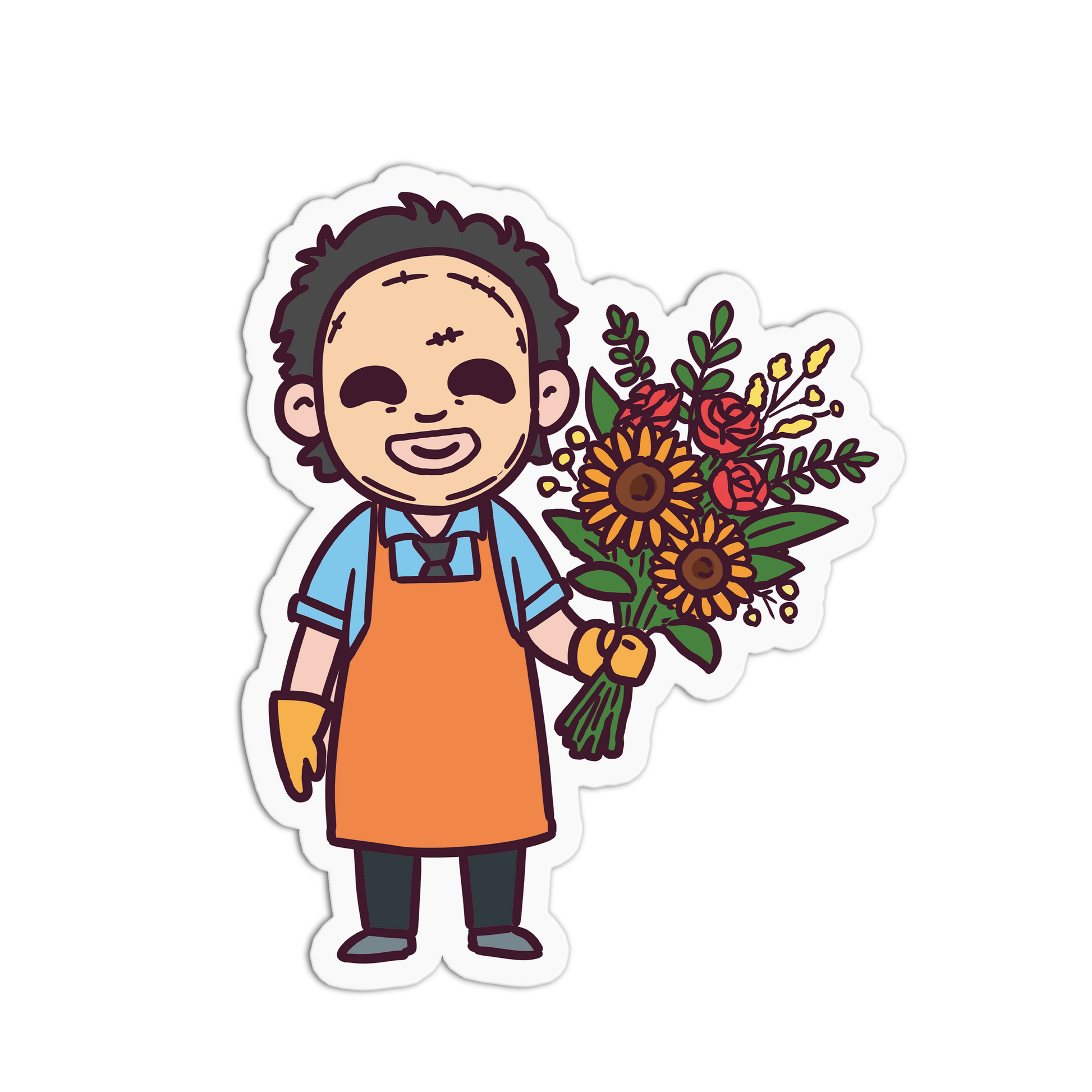 Illustration of a person wearing an apron holding a bouquet of flowers on a white background