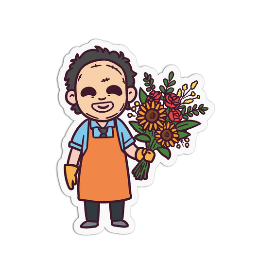 Illustration of a person wearing an apron holding a bouquet of flowers on a white background