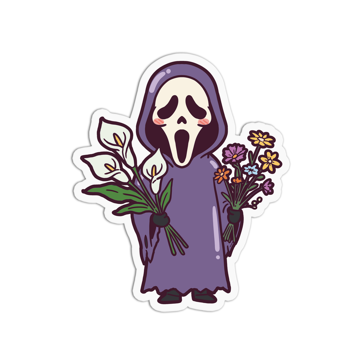 Sticker of a character in a purple hood holding flowers on a white background