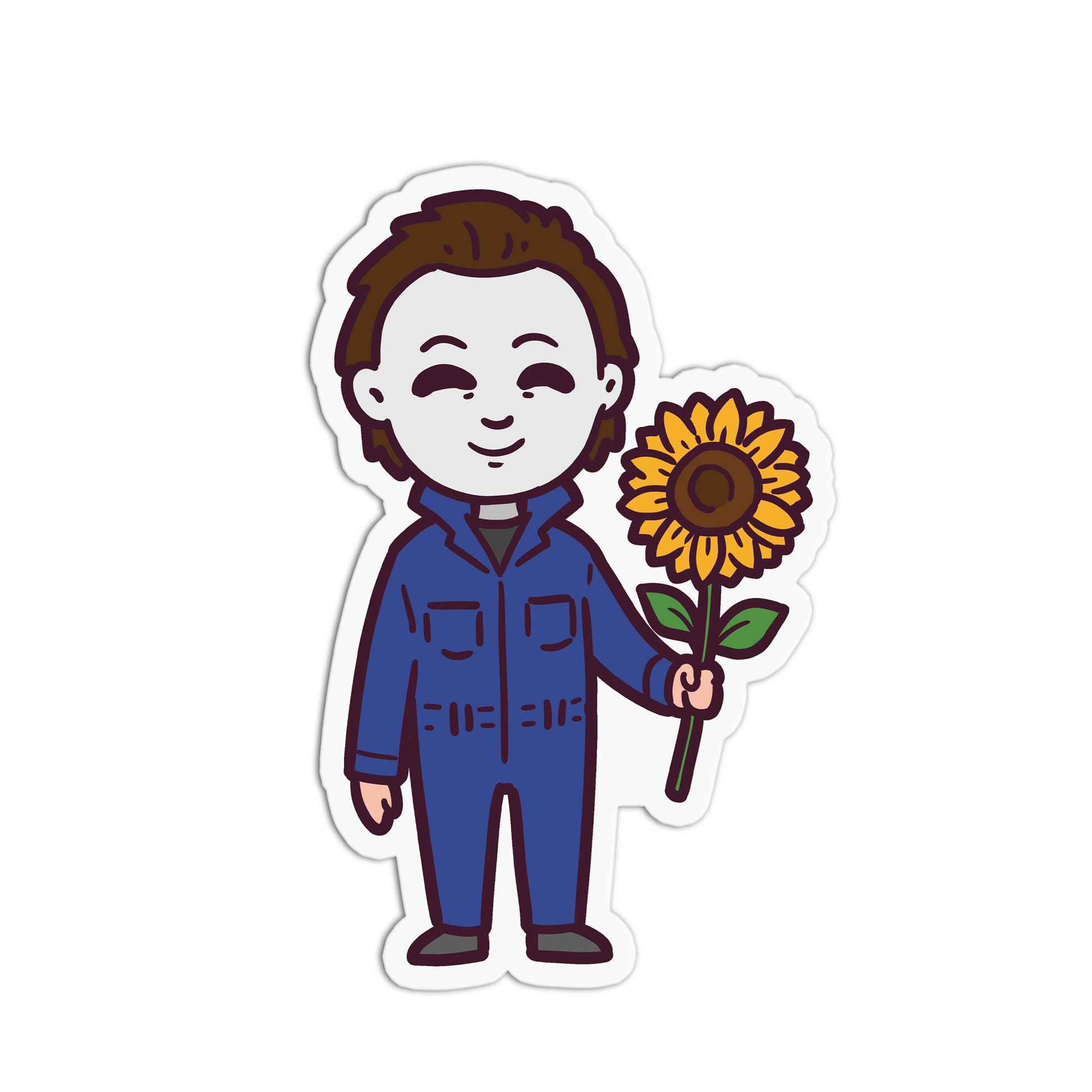 Illustration of a character in blue coveralls holding a sunflower on a white background