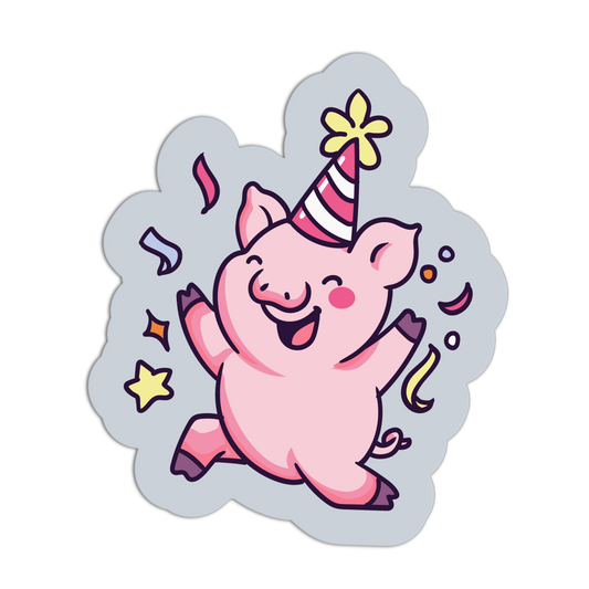 Cartoon pig wearing a party hat with musical notes and stars on a light gray background
