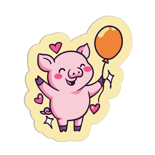 Cartoon pig holding a balloon with hearts on a yellow border