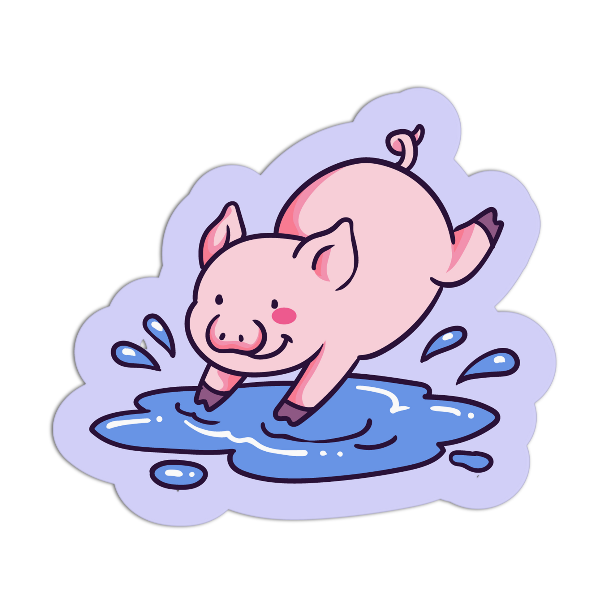 Cartoon pig diving into water with a purple background