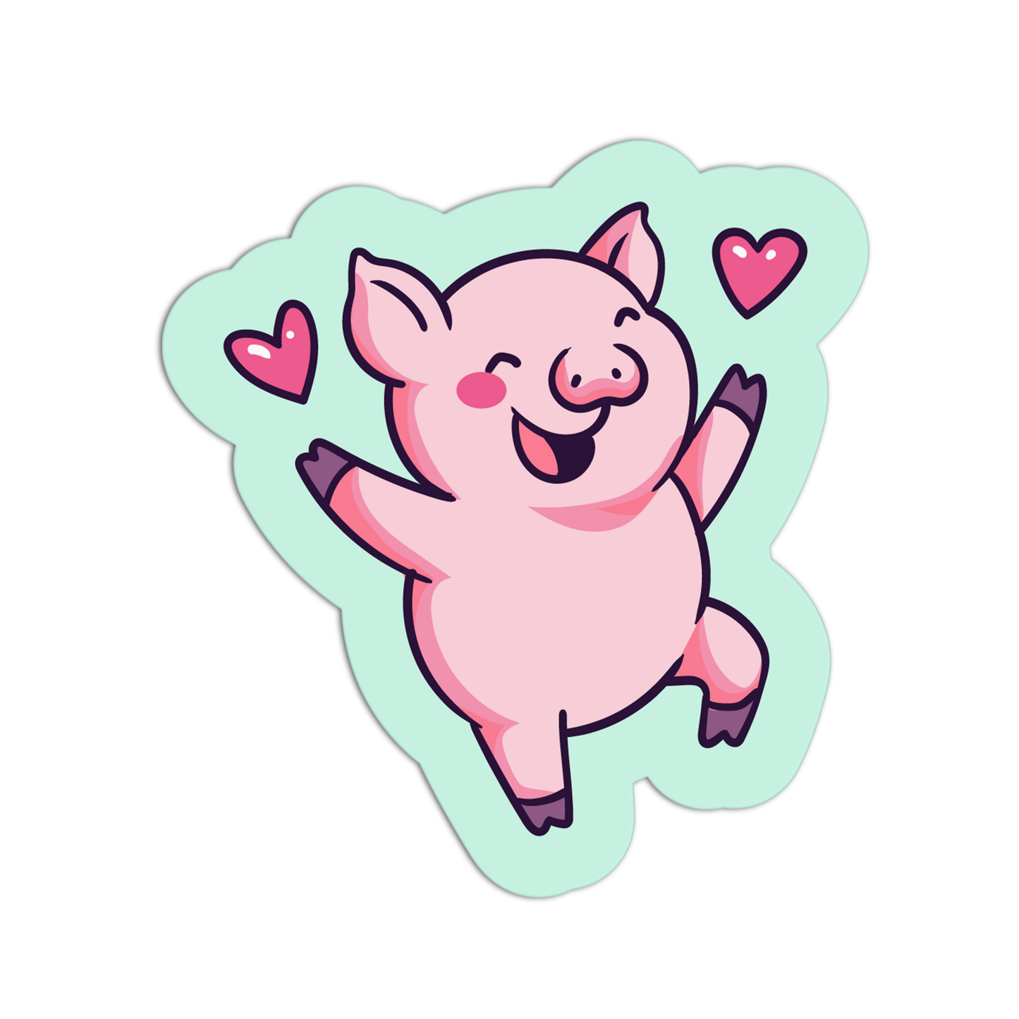 Cartoon pig with hearts on a light green background