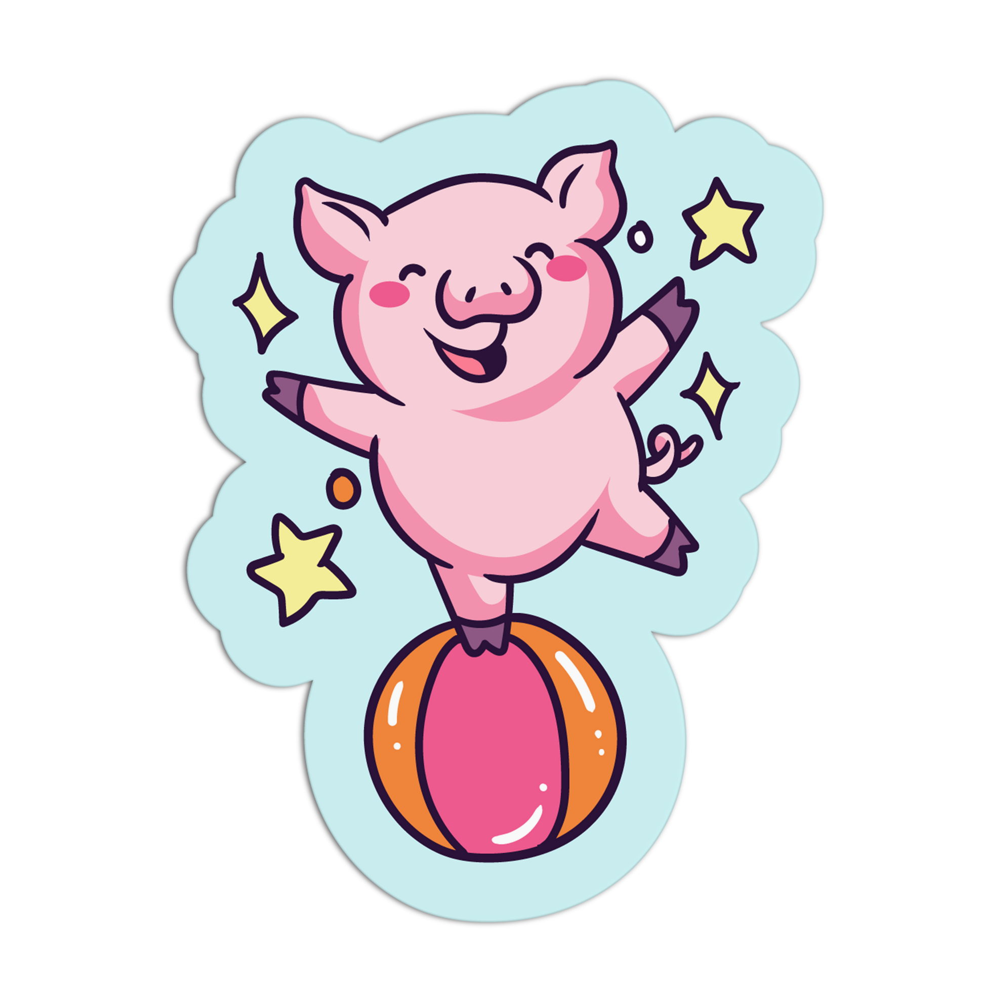 Cartoon pig balancing on a unicycle with stars around, on a light blue background
