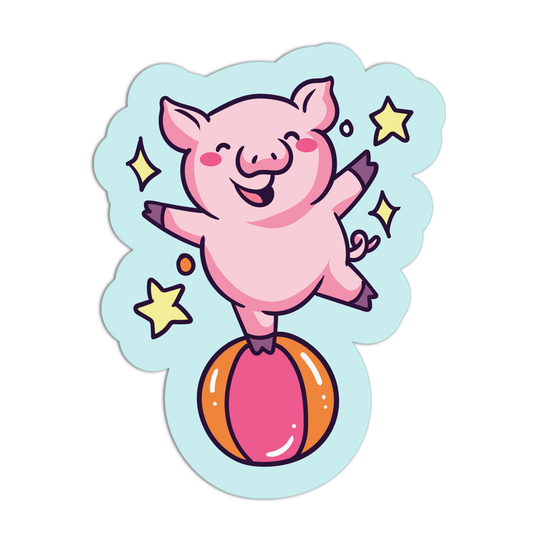 Cartoon pig balancing on a unicycle with stars around, on a light blue background