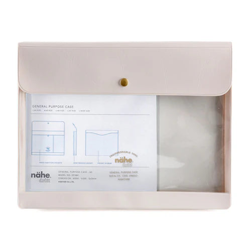 Beige envelope with clear window on a white background, featuring the brand 'nähe'.