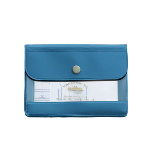 Blue pouch with a clear front section on a white background
