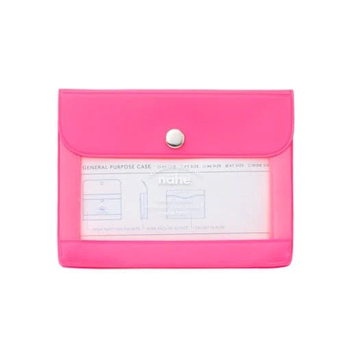 A bright pink translucent plastic file folder with a snap-button closure and a clear ID window displaying a white insert card.