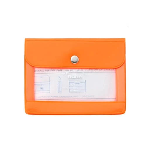 An orange translucent plastic document pouch with a snap button closure and a clear ID window displaying a sample card.