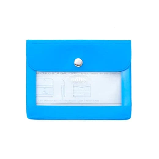 A bright blue plastic file folder with a snap-button closure and a clear ID window displaying a white insert card, shown on a plain white background.