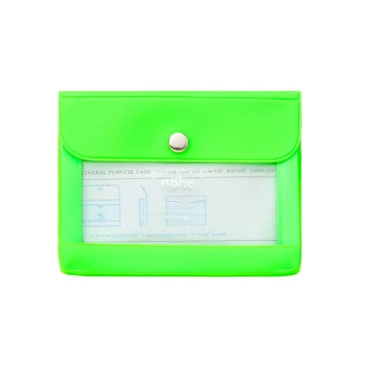 Neon green document holder with a button on a white background
